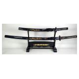 Katana And Wakizashi Swords On Display Stand, 29" And 18.5" Blades, Both Have Embossed Dragons On Th