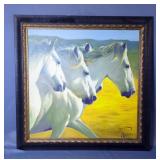 Mustang Horses Painting On Board, Framed, 32" x 32" 