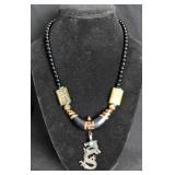Tibetan Beaded Necklace With Dragon Pendant, 16" 