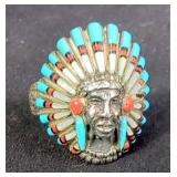 Sterling Silver Chief Headdress Ring, Size 13