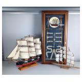 Nautical Framed Knot Display And Ship Models, Qty 2