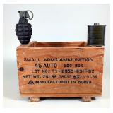Inert Mk 2 Grenade, Empty WWII Rifle Bore Cleaner Tin, And 45 Auto Ammo Crate