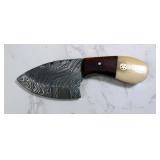 Custom Damascus Fixed Blade Knife, 3" Blade, In Tooled Leather Sheath 