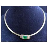 Omega Style 14K Gold Necklace With Diamond And Emerald Pendant 