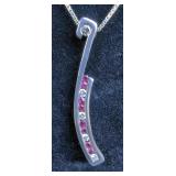 Diamond And Ruby Pendant On 17" Sterling Silver Necklace 