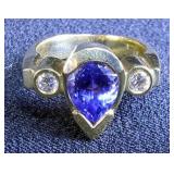 LE VIAN 14K Gold Ring with Pear-Shaped Tanzanite and Diamond Accents, Size 5.25 