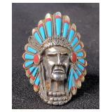 Native American Style Chief Headdress Turquoise And Coral Ring
