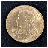 1899 Queen Victoria Gold Sovereign Coin, Fineness 916.7, Pure Gold Content 7.3224 Grams 