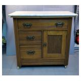 Wood Rolling Cabinet With Marble Top And Wine Storage 