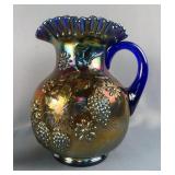 Dugan Floral & Grape Carnival Glass Water Blue Handle Pitcher And 4 Tumblers 