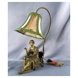 Bronze Statue Lamp With Leaded Slag Glass Shade