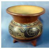 Native American Etched Pottery Vessel With Three Legs