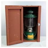 Coleman Propane 2 Burner Stove, And Coleman White Gasoline Lantern In Wood Case 