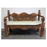 Hand-Carved Wooden Bench With Rolled Arms 