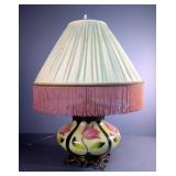 Victorian Style Floral Lamp With Fringe Beaded Shade, Approx. 27" x 19"