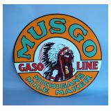 Musgo Gasoline - Michigans Mile Maker - 42" Double-Sided Porcelain Enamel Advertising Sign - Heavy G