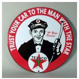 Texaco “Trust Your Car To The Man” 11.75" Porcelain Enamel Sign - Single Sided - Heavy Gauge Steel 