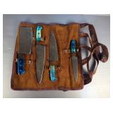 Damascus Steel 4 Knife Set In Carrier, Various Types And Sizes