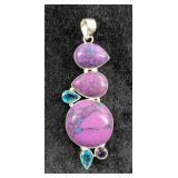 Sterling Silver, Cabochon, And Light Blue Topaz And Amethyst Gemstone Pendant In Floating Display Ca