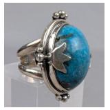 Sterling Silver And Polished Turquoise Cabochon Ring, 925 Silver, Size 7