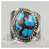  Engraved Sterling Silver And Kingman Turquoise Ring, 925 Silver, Size 10, Marked "BJA" 