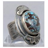 Engraved Sterling Silver And Kingman Turquoise Ring, 925 Silver, Size 8
