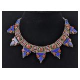 Lapis Lazuli And Red Coral Inlay And Bead Necklace, Tibetan Silver