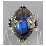 Sterling Silver And Labradorite Cabochon Ring, 925 Silver, Size 8