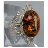 Sterling Silver And Amber Ring, 925 Silver, Size 7 