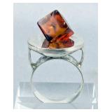 Sterling Silver And Amber Cube Ring, 925 Silver, Size 6