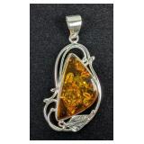 Sterling Silver And Amber Pendant With Leaf Design, 925 Silver