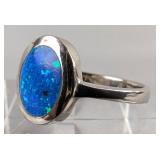 Sterling Silver And Polished Blue Opal Ring, 925 Silver, Size 8