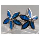 Sterling Silver And Polished Blue Opal Ring With Flower Design, 925 Silver, Size 8