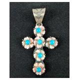 Sterling Silver And Turquoise Cross/Crucifix Pendant With Rose Quartz Flowers, 925 Silver