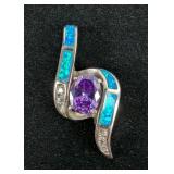 Sterling Silver, Blue Opal, And Amethyst Gemstone Pendant, 925 Silver
