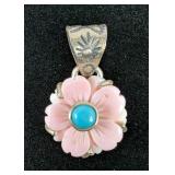 Sterling Silver And Turquoise Pendant With Rose Quartz Flowers, 925 Silver