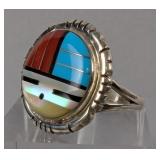 Sterling Silver, Turquoise, Red Coral, Black Onyx, Abalone Shell, And Mother Of Pearl Mosaic Ring, 9