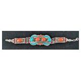 Tibetan Silver, Turquoise, And Red Coral Bracelet, 7.5"