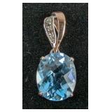 10K White Gold, Diamond, And Blue Topaz Pendant