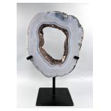 Brazilian Banded Agate Geode Portal/Slice On Metal Display Stand, 11.75" x 7.5", 3.44kg 
