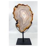 Brazilian Banded Agate Slice On Metal Display Stand, 12.5" Tall