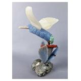 Multi Stone Hummingbird Sculpture And Flower On Pyrite Mineral Specimen, 5" Tall