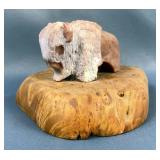 American Buffalo Stone Carving Mounted On Burl Wood Base 