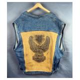 Biker Blues Harley Davidson Denim Vest With Embossed Leather Back, Size XL