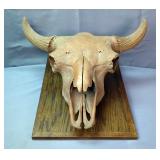 Mounted Replica Bison Skull, Wood Base Is 24" x 16.5"