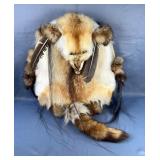 Red Fox Pelt Wall Hanging, Stretched On Hide Wrapped Frame, With Feather Accents 