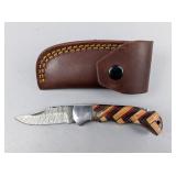 Damascus Lockback Folding Knife With Multi-Colored Wood Handle, Includes Leather Sheath, 6.5" Unfold