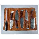 Handmade Damascus Steel Kitchen Knife Set, Wood Handle With Leather Sheath And Sharpener 