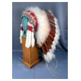 Native American Headdress Replica, On Foam Head And Pedestal Display Stand, Approx 22" x 17" x 16" 