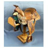 Sanders Saddlery Mini Horse Saddle With Oak Leaf And Acorn Stamping, Includes Blanket And Wood Stand